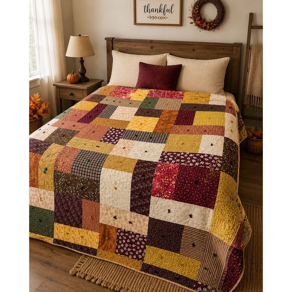 Handmade Full Size Quilt 70x84 Earth Tone Patchwork Tied Farmhouse Bedding